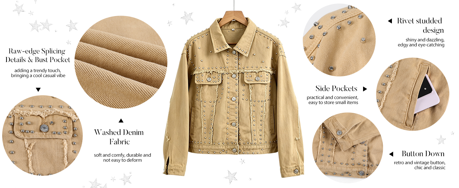 Omoone Women's Long Sleeve Rivet Studded Denim Jacket Casual
